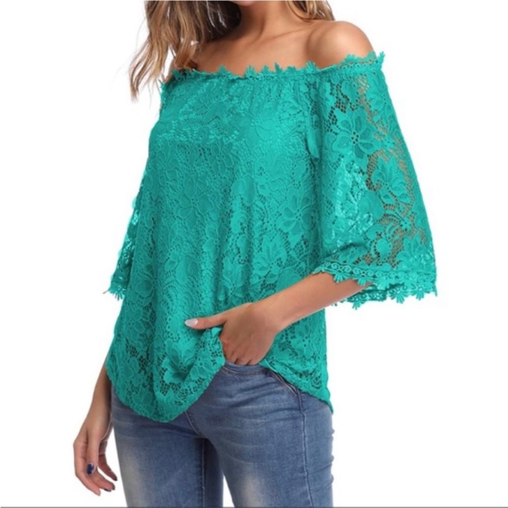 NEW! Lace Design Top Off The Shoulder Lined Casual Loose Fit Teal Green Size XL